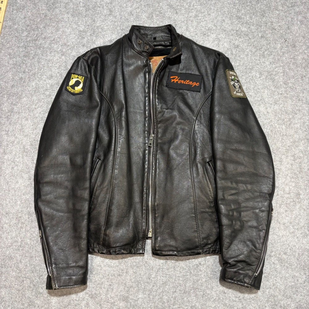 Vintage Excelled Leather Motorcycle Jacket blk Harley Davidson Patches USA Made